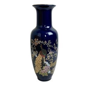 Vintage Peacock Japanese Cobalt Vase National Silver Company Nagoya Japan